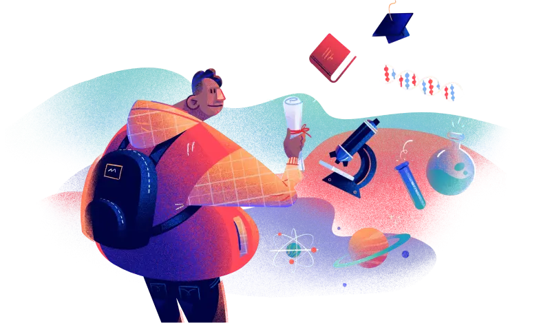 Student with educational items